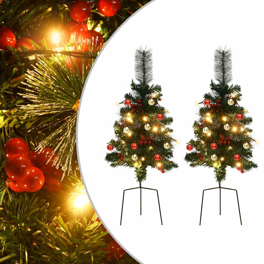 Vidaxl 29.9" Artificial Christmas Pathway Trees With 30 Led Lights, Set Of 2, Decorated With Berries, Cones And Balls, Pvc Material, Green Pre-Lit Holiday Ornament, Indoor & Outdoor Xmas Decoration